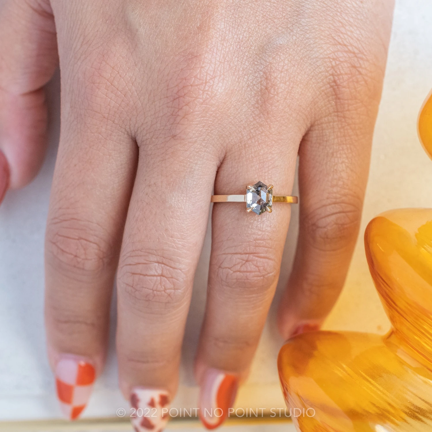 1.04 Carat Salt And Pepper Hexagon Diamond Engagement Ring, Lark Setting, 14K Yellow Gold 2 1.04 Carat Salt And Pepper Hexagon Diamond Engagement Ring, Lark Setting, 14K Yellow Gold - Image 2