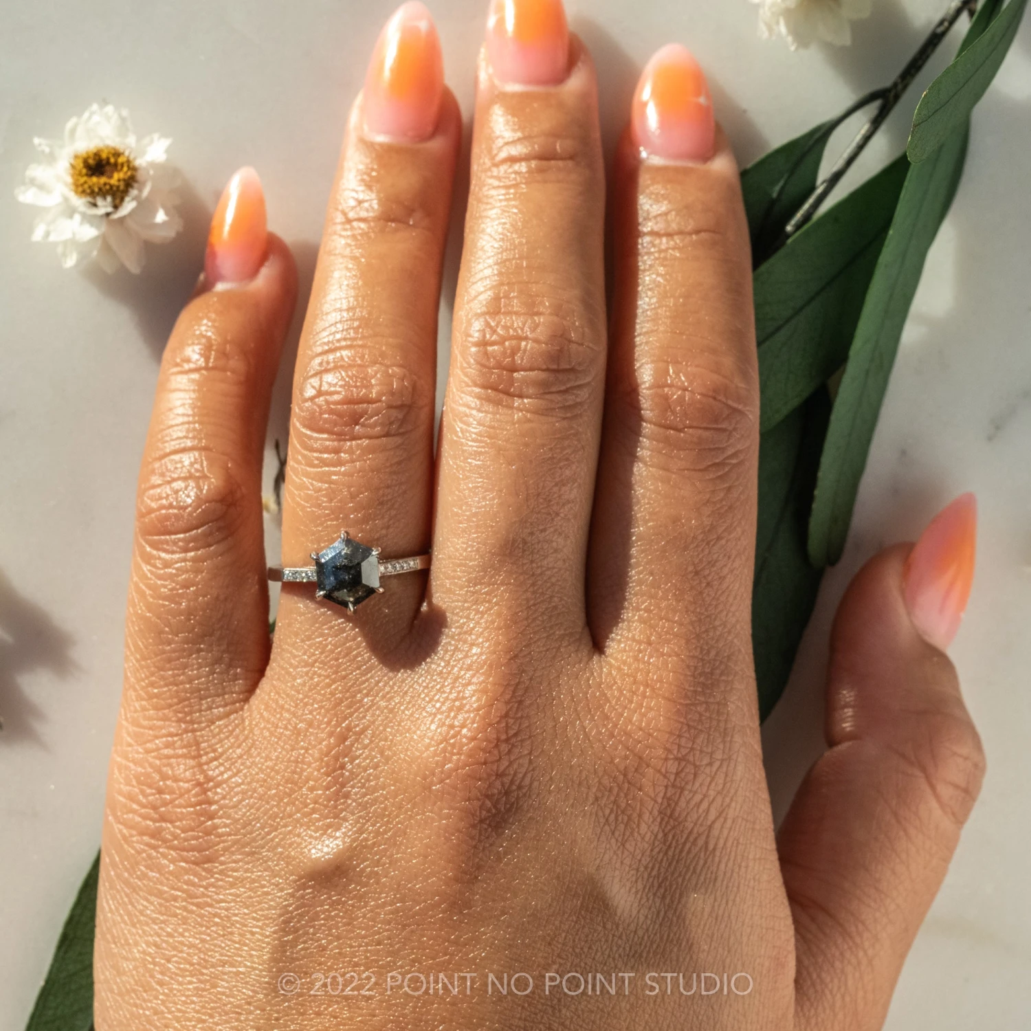 1.30 Carat Salt And Pepper Hexagon Diamond Engagement Ring, Mauve Setting, Platinum 2 1.30 Carat Salt And Pepper Hexagon Diamond Engagement Ring, Mauve Setting, Platinum - Image 2