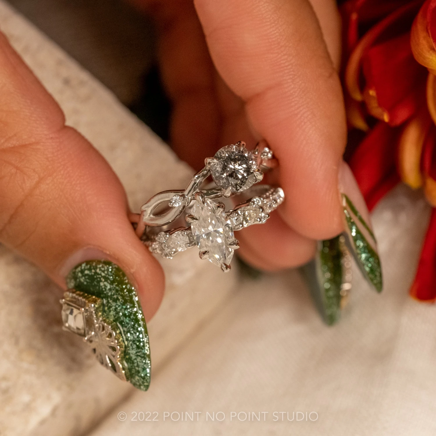 1.45 Carat Salt And Pepper Diamond Engagement Ring, Wisteria Thorns Setting, 14K White Gold 5 1.45 Carat Salt And Pepper Diamond Engagement Ring, Wisteria Thorns Setting, 14K White Gold - Image 5