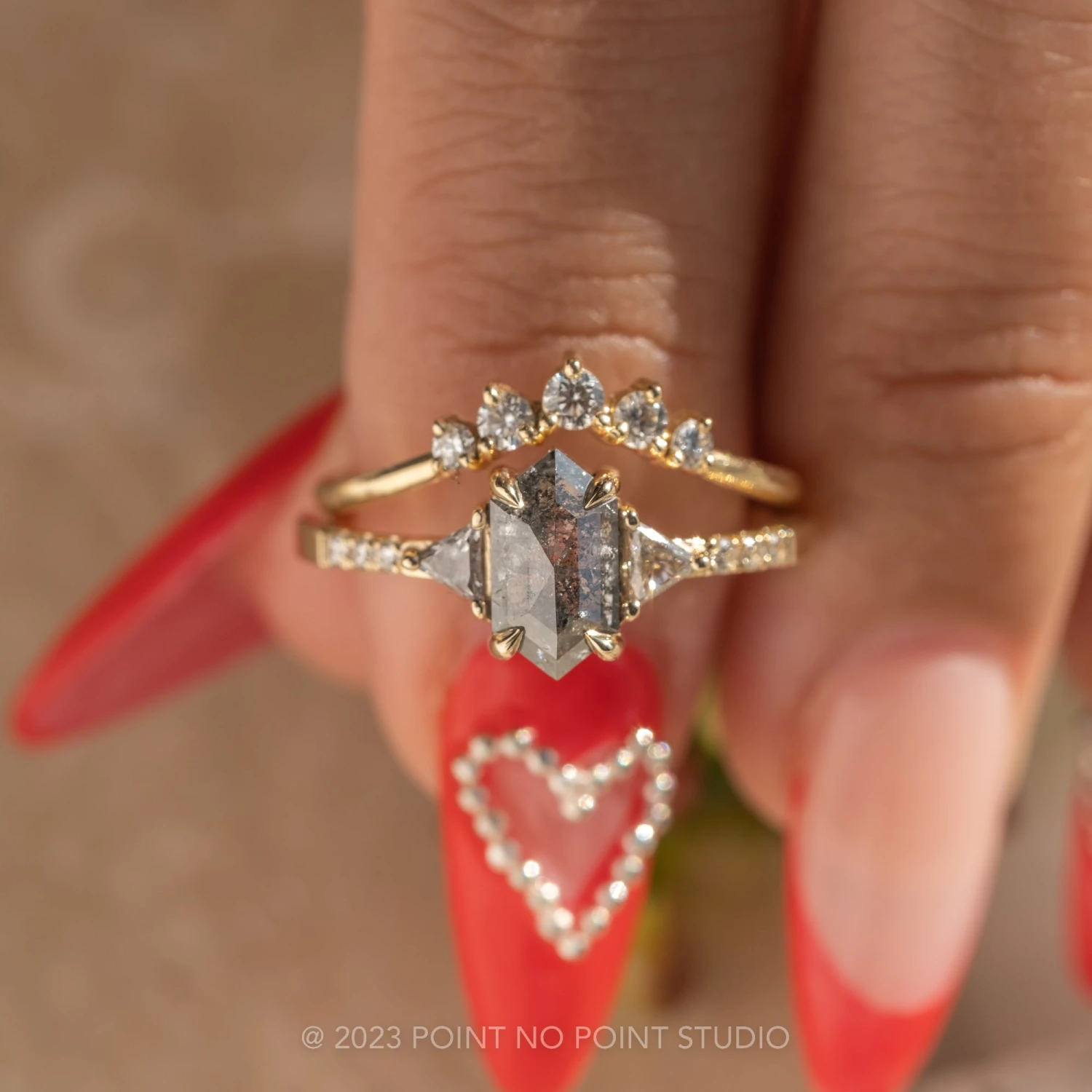 1.12 Carat Salt And Pepper Hexagon Diamond Engagement Ring, Eliza Setting, 14K Yellow Gold 3 1.12 Carat Salt And Pepper Hexagon Diamond Engagement Ring, Eliza Setting, 14K Yellow Gold - Image 3