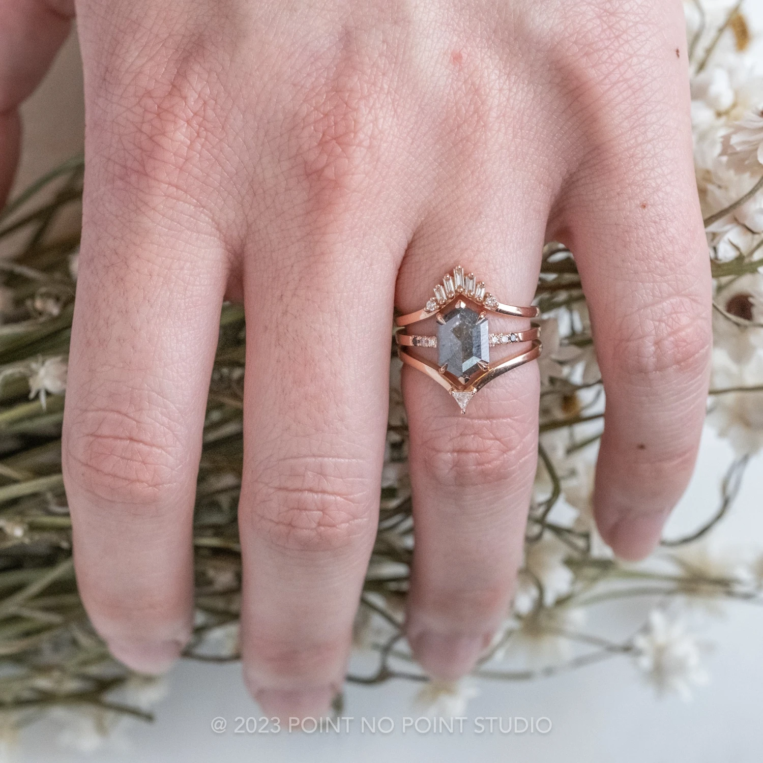 1.88 Carat Salt And Pepper Hexagon Diamond Engagement Ring, Ombre Sirena Setting, 14K Rose Gold 2 1.88 Carat Salt And Pepper Hexagon Diamond Engagement Ring, Ombre Sirena Setting, 14K Rose Gold - Image 2
