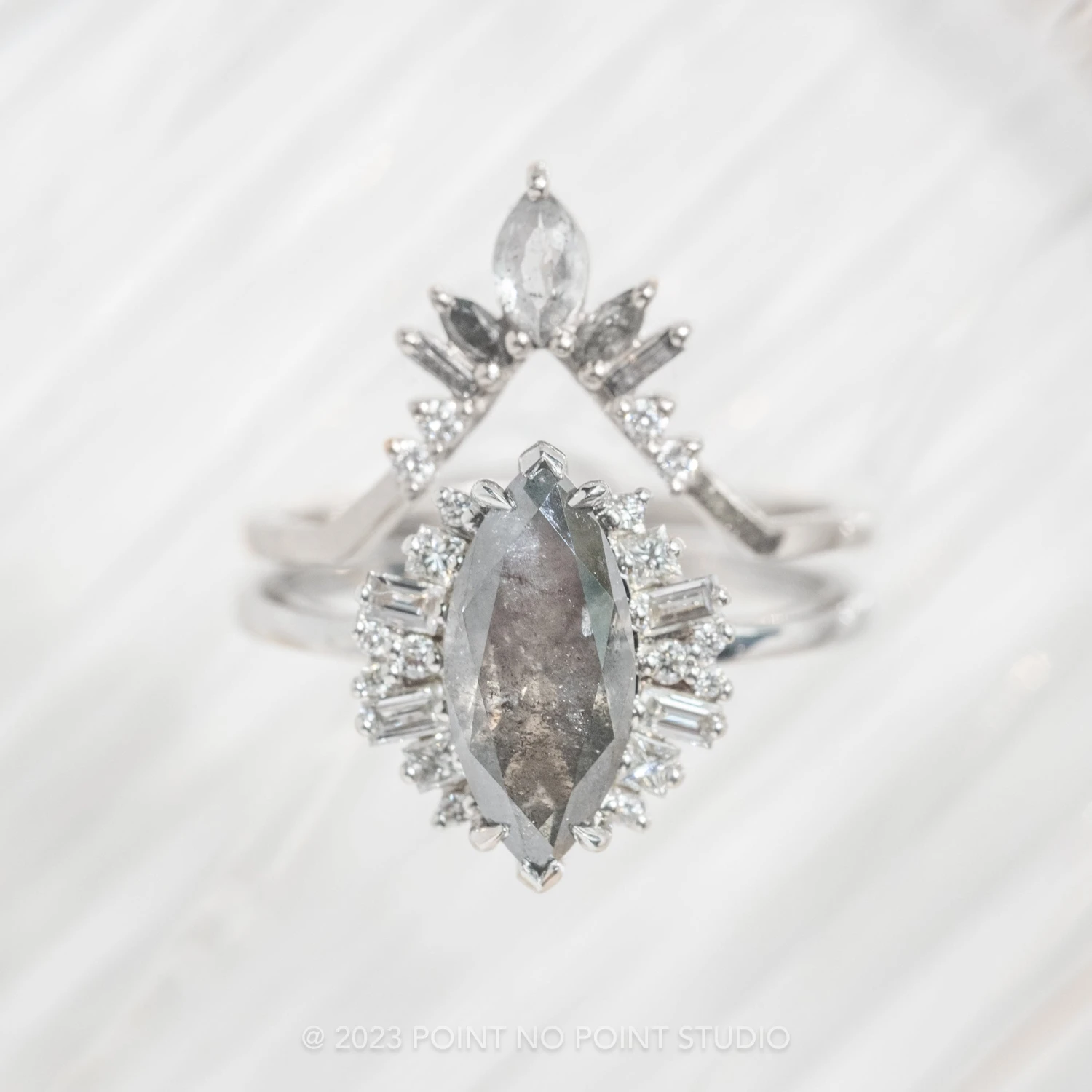 1.99 Carat Salt And Pepper Marquise Diamond Engagement Ring, Olive Setting, Platinum 3 1.99 Carat Salt And Pepper Marquise Diamond Engagement Ring, Olive Setting, Platinum - Image 3