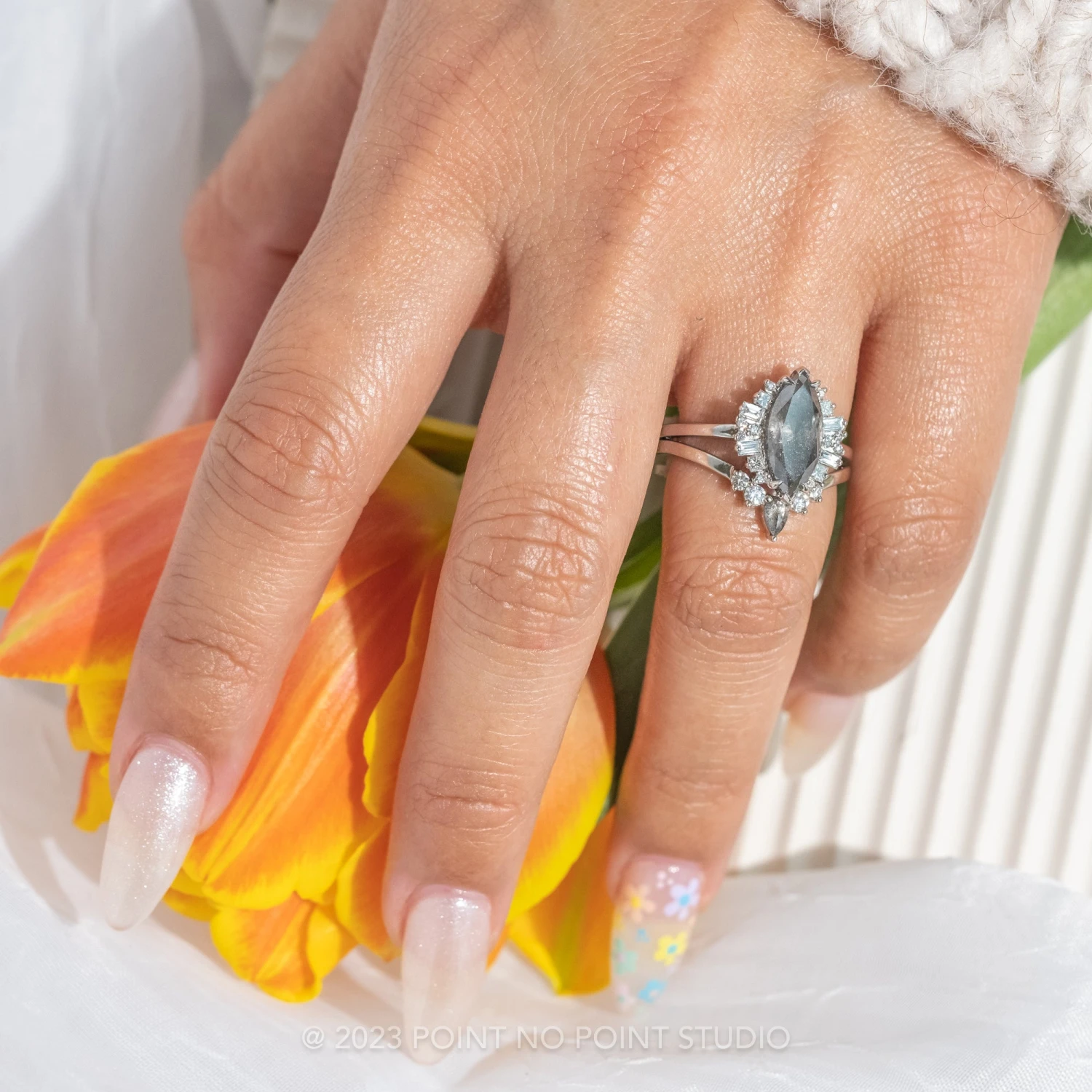 1.99 Carat Salt And Pepper Marquise Diamond Engagement Ring, Olive Setting, Platinum 4 1.99 Carat Salt And Pepper Marquise Diamond Engagement Ring, Olive Setting, Platinum - Image 4