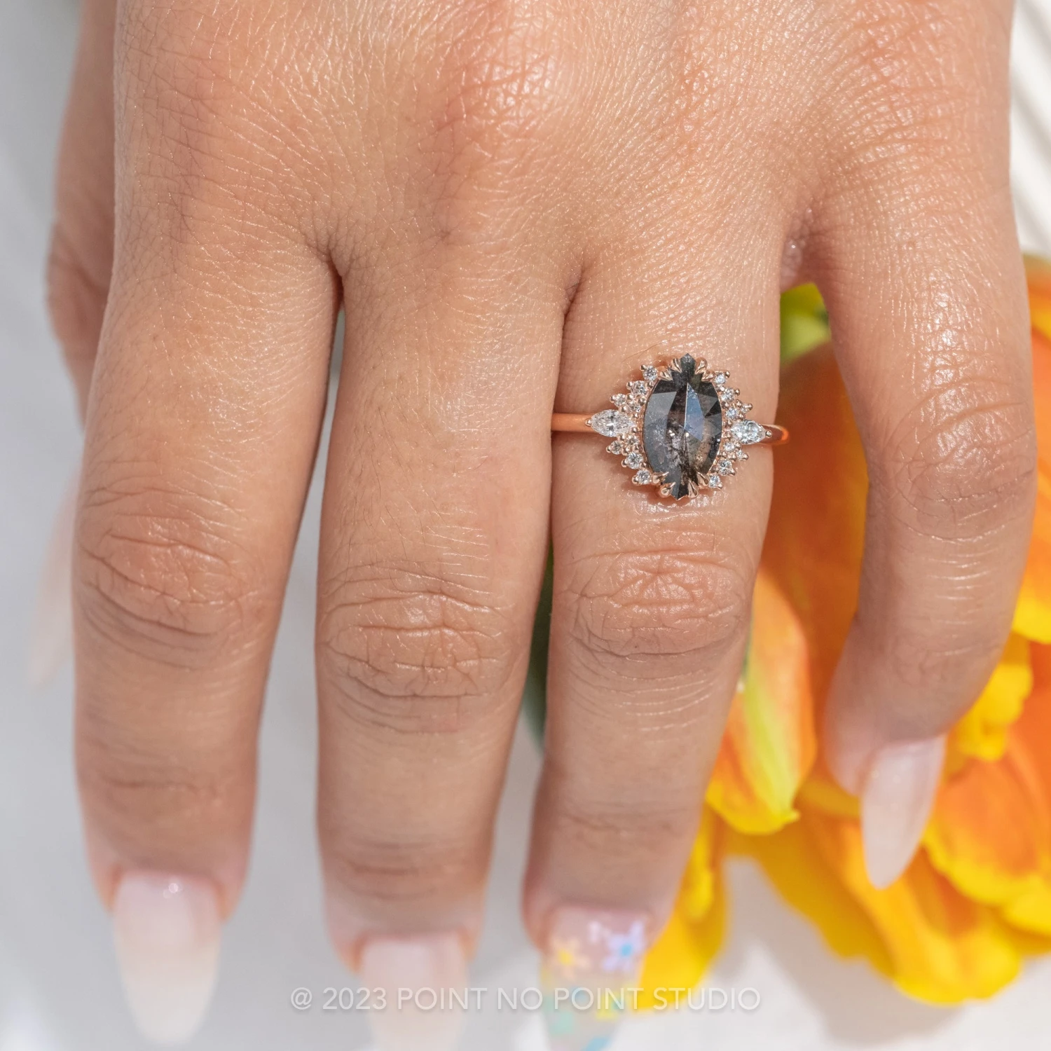 1.95 Carat Black Speckled Marquise Diamond Engagement Ring, Olivia Setting, 14K Rose Gold 2 1.95 Carat Black Speckled Marquise Diamond Engagement Ring, Olivia Setting, 14K Rose Gold - Image 2