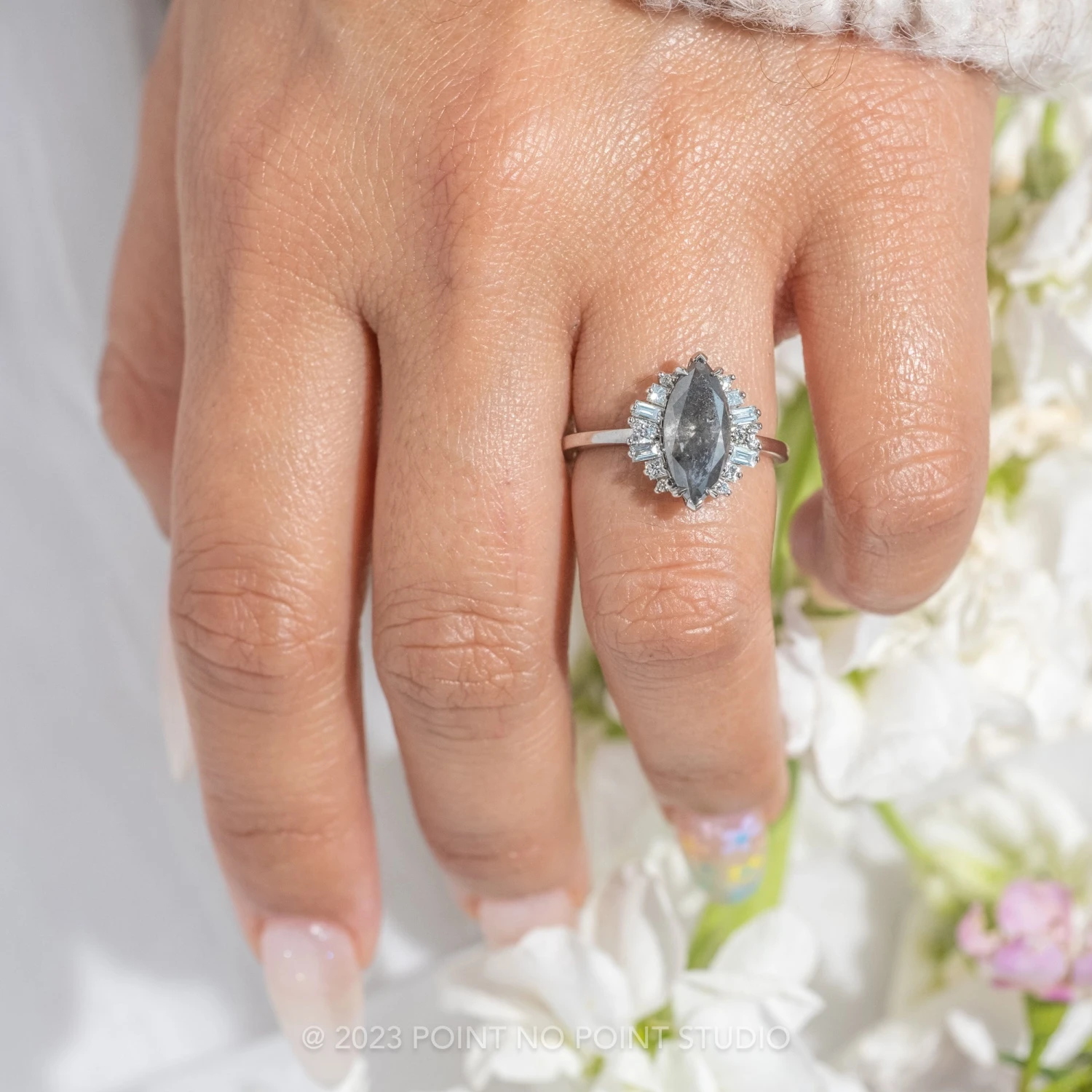 1.99 Carat Salt And Pepper Marquise Diamond Engagement Ring, Olive Setting, 14k White Gold 2 1.99 Carat Salt And Pepper Marquise Diamond Engagement Ring, Olive Setting, 14k White Gold - Image 2