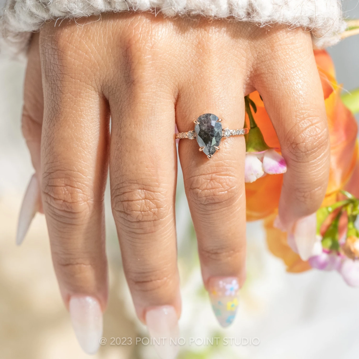 1.22 Carat Black Pear Diamond Engagement Ring, Eliza Setting, 14K Rose Gold 2 1.22 Carat Black Pear Diamond Engagement Ring, Eliza Setting, 14K Rose Gold - Image 2