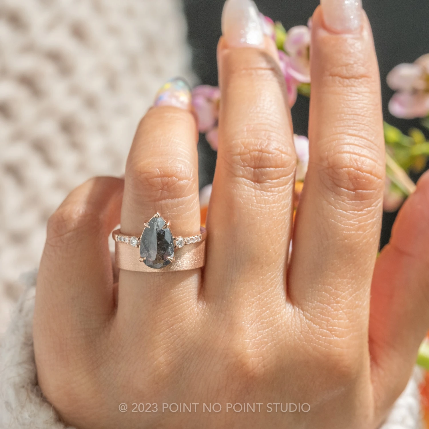 1.22 Carat Black Pear Diamond Engagement Ring, Eliza Setting, 14K Rose Gold 6 1.22 Carat Black Pear Diamond Engagement Ring, Eliza Setting, 14K Rose Gold - Image 6