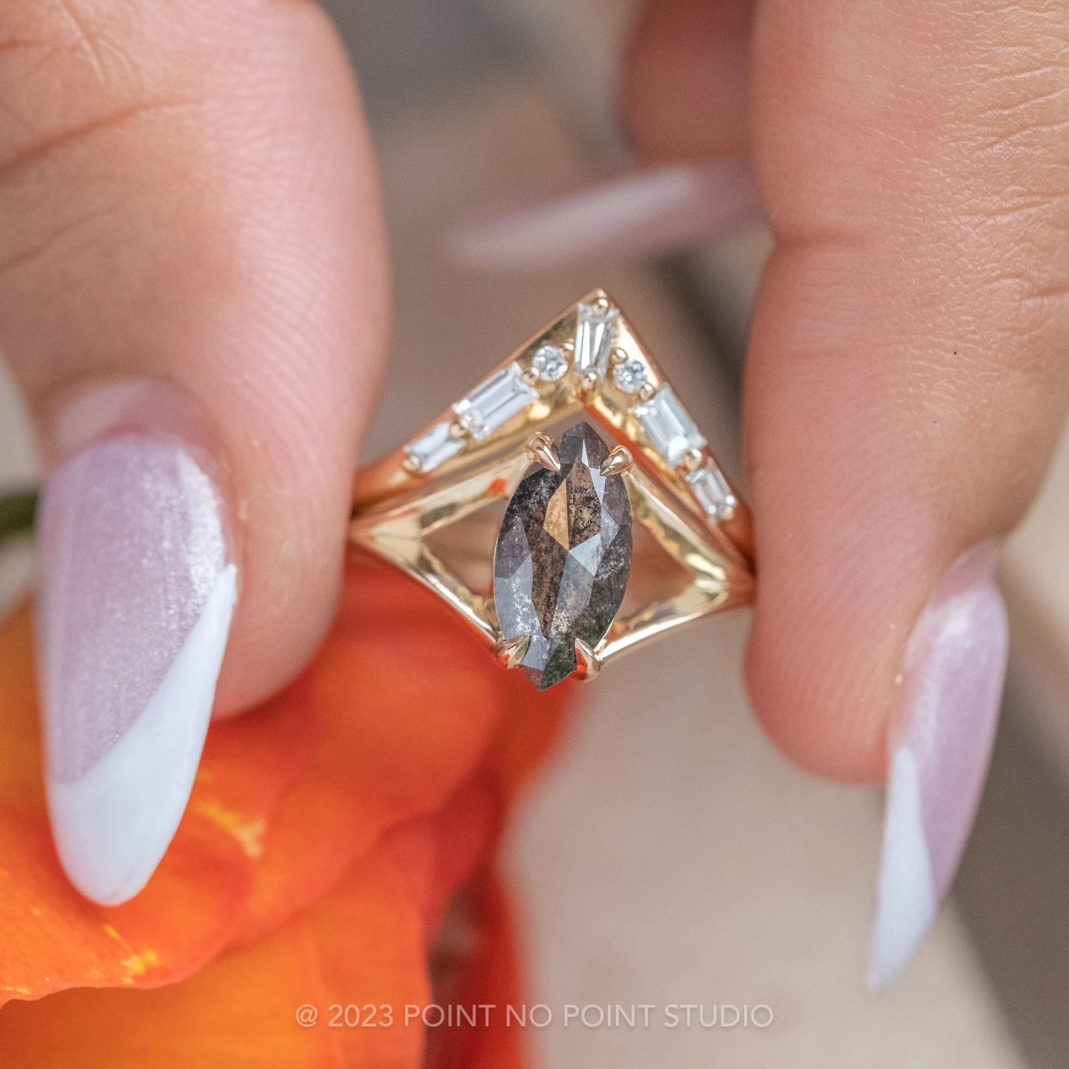 1.17 Carat Black Speckled Marquise Diamond Engagement Ring, Split Shank Jane Setting, 14K Yellow Gold 6 1.17 Carat Black Speckled Marquise Diamond Engagement Ring, Split Shank Jane Setting, 14K Yellow Gold - Image 6