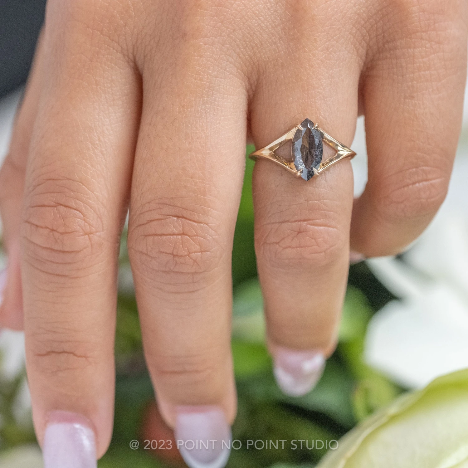 1.17 Carat Black Speckled Marquise Diamond Engagement Ring, Split Shank Jane Setting, 14K Yellow Gold 2 1.17 Carat Black Speckled Marquise Diamond Engagement Ring, Split Shank Jane Setting, 14K Yellow Gold - Image 2