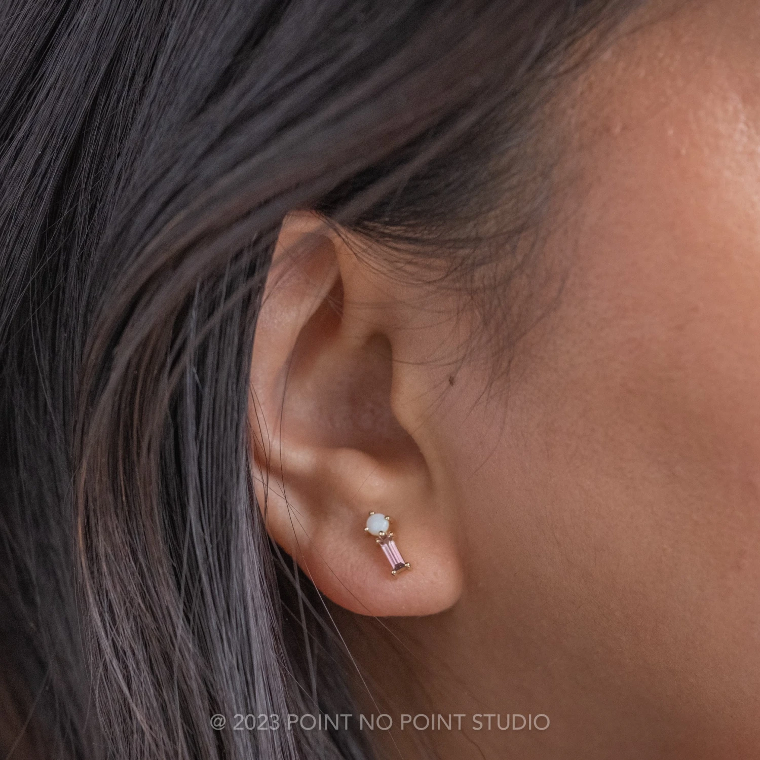 White Opal And Pink Tourmaline Studs, 14k Yellow Gold Earrings 2 White Opal And Pink Tourmaline Studs, 14k Yellow Gold Earrings - Image 2