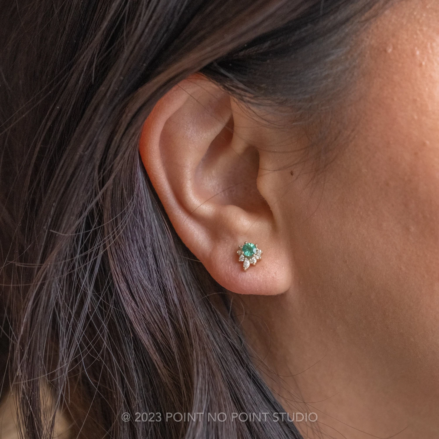 Emerald And Diamond Half-Halo Studs, 14k Yellow Gold Earrings 2 Emerald And Diamond Half-Halo Studs, 14k Yellow Gold Earrings - Image 2