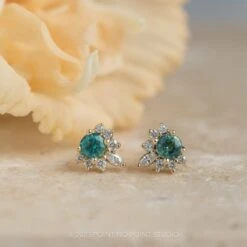 Emerald And Diamond Half-Halo Studs, 14k Yellow Gold Earrings 8 Emerald And Diamond Half-Halo Studs, 14k Yellow Gold Earrings -Point No Point Studio Store 20230422 SFS0259