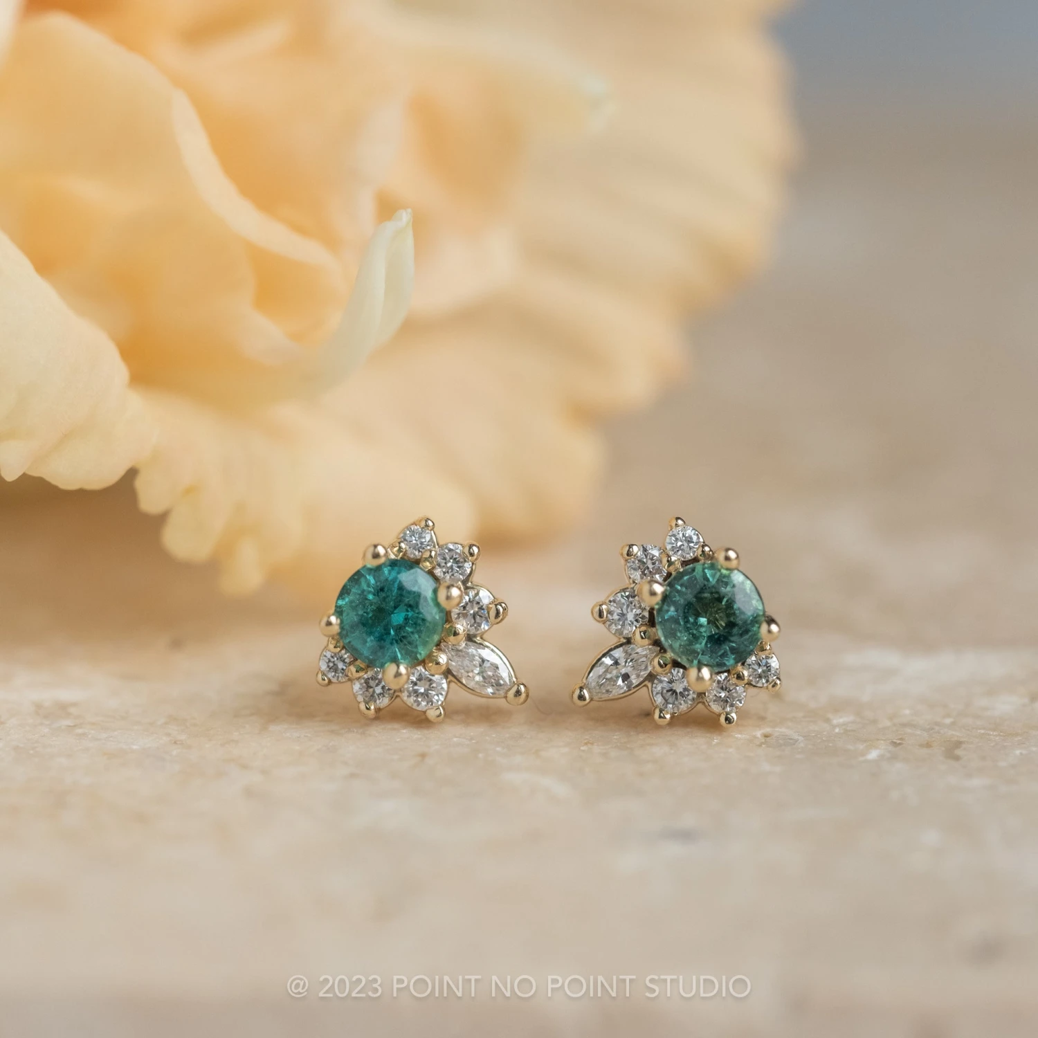 Emerald And Diamond Half-Halo Studs, 14k Yellow Gold Earrings 3 Emerald And Diamond Half-Halo Studs, 14k Yellow Gold Earrings - Image 3