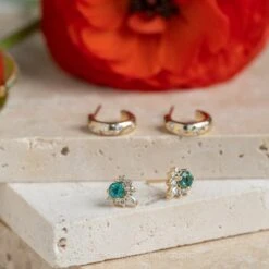 Emerald And Diamond Half-Halo Studs, 14k Yellow Gold Earrings 9 Emerald And Diamond Half-Halo Studs, 14k Yellow Gold Earrings -Point No Point Studio Store 20230422 SFS0260