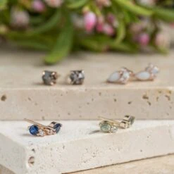 Green Sapphire And Diamond Studs, 14k Yellow Gold Earrings 7 Green Sapphire And Diamond Studs, 14k Yellow Gold Earrings -Point No Point Studio Store 20230422 SFS0263