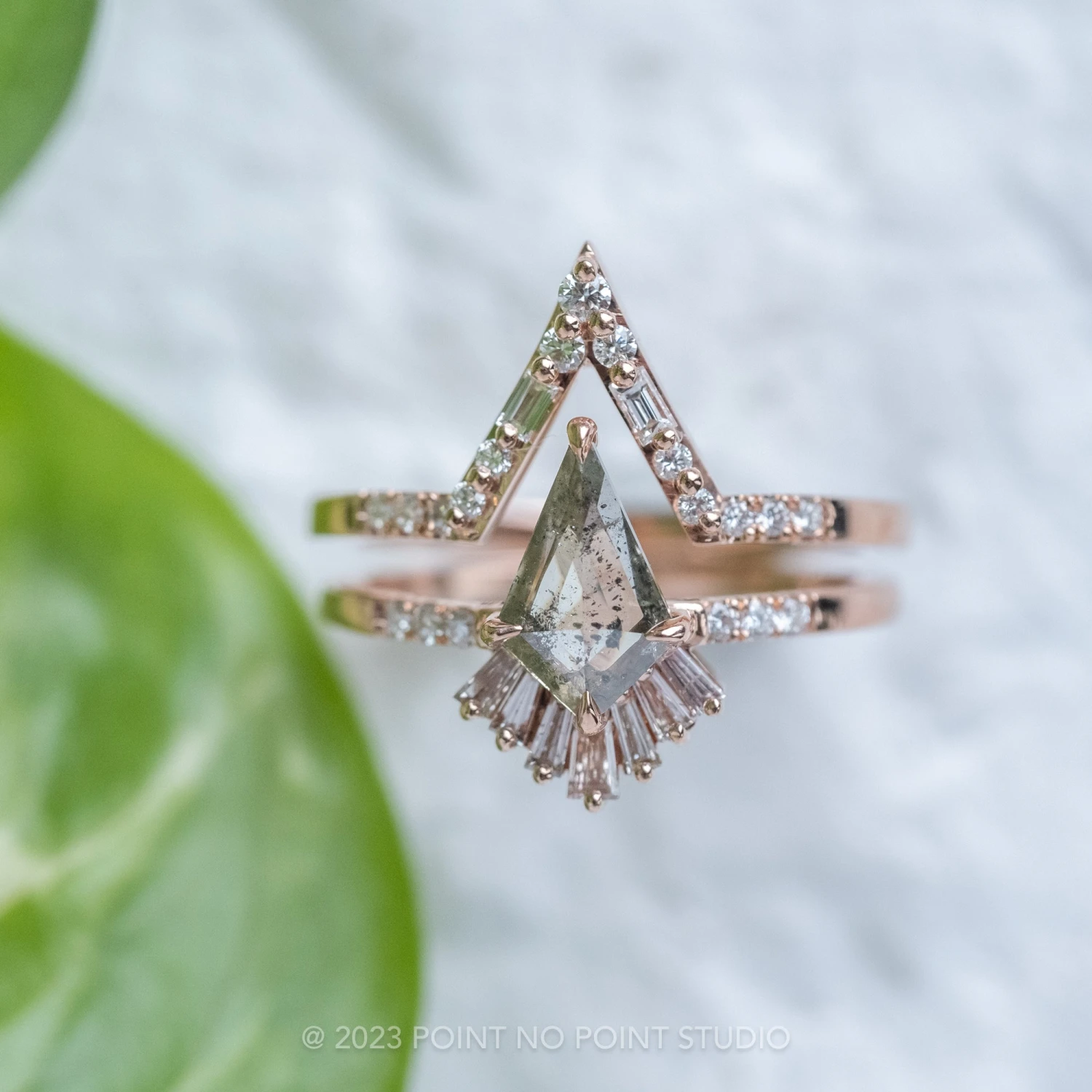 Round And Baguette Diamond V Band, Extra Diamond Large Paloma Setting, 14K Rose Gold 3 Round And Baguette Diamond V Band, Extra Diamond Large Paloma Setting, 14K Rose Gold - Image 3