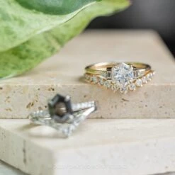 1.56 Carat Hexagon Moissanite Engagement Ring, Betty Setting, 14K Yellow Gold -Point No Point Studio Store 20230505 SFS0114