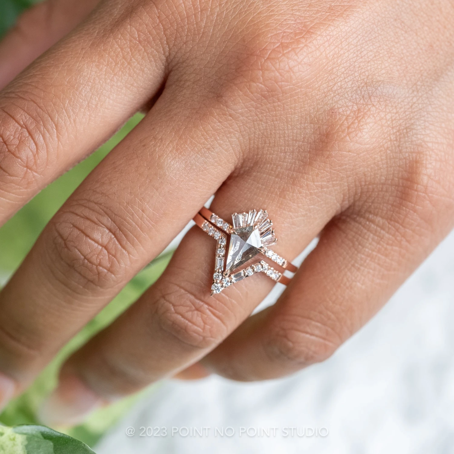 Round And Baguette Diamond V Band, Extra Diamond Large Paloma Setting, 14K Rose Gold 2 Round And Baguette Diamond V Band, Extra Diamond Large Paloma Setting, 14K Rose Gold - Image 2