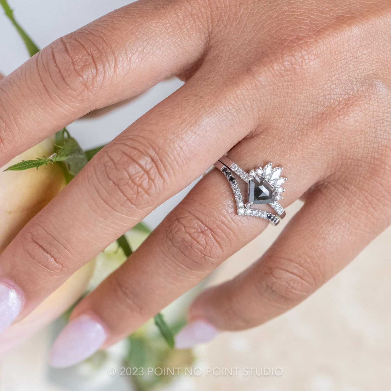 .97 Carat Black Shield Diamond Engagement Ring, Cleo Setting, 14K White Gold 2 .97 Carat Black Shield Diamond Engagement Ring, Cleo Setting, 14K White Gold - Image 2