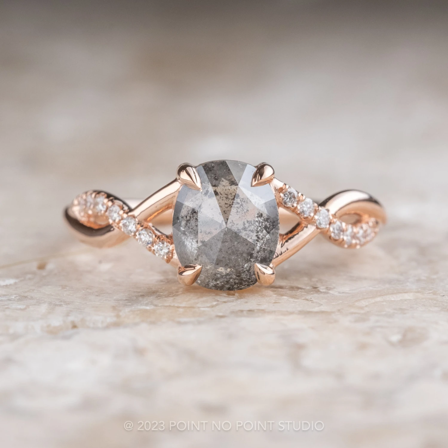 1.93 Carat Salt And Pepper Oval Diamond Engagement Ring, Wisteria Setting, 14K Rose Gold 1 1.93 Carat Salt And Pepper Oval Diamond Engagement Ring, Wisteria Setting, 14K Rose Gold