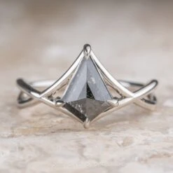 1.36 Carat Black Speckled Diamond Engagement Ring, Woven Split Shank Jane Setting, Platinum