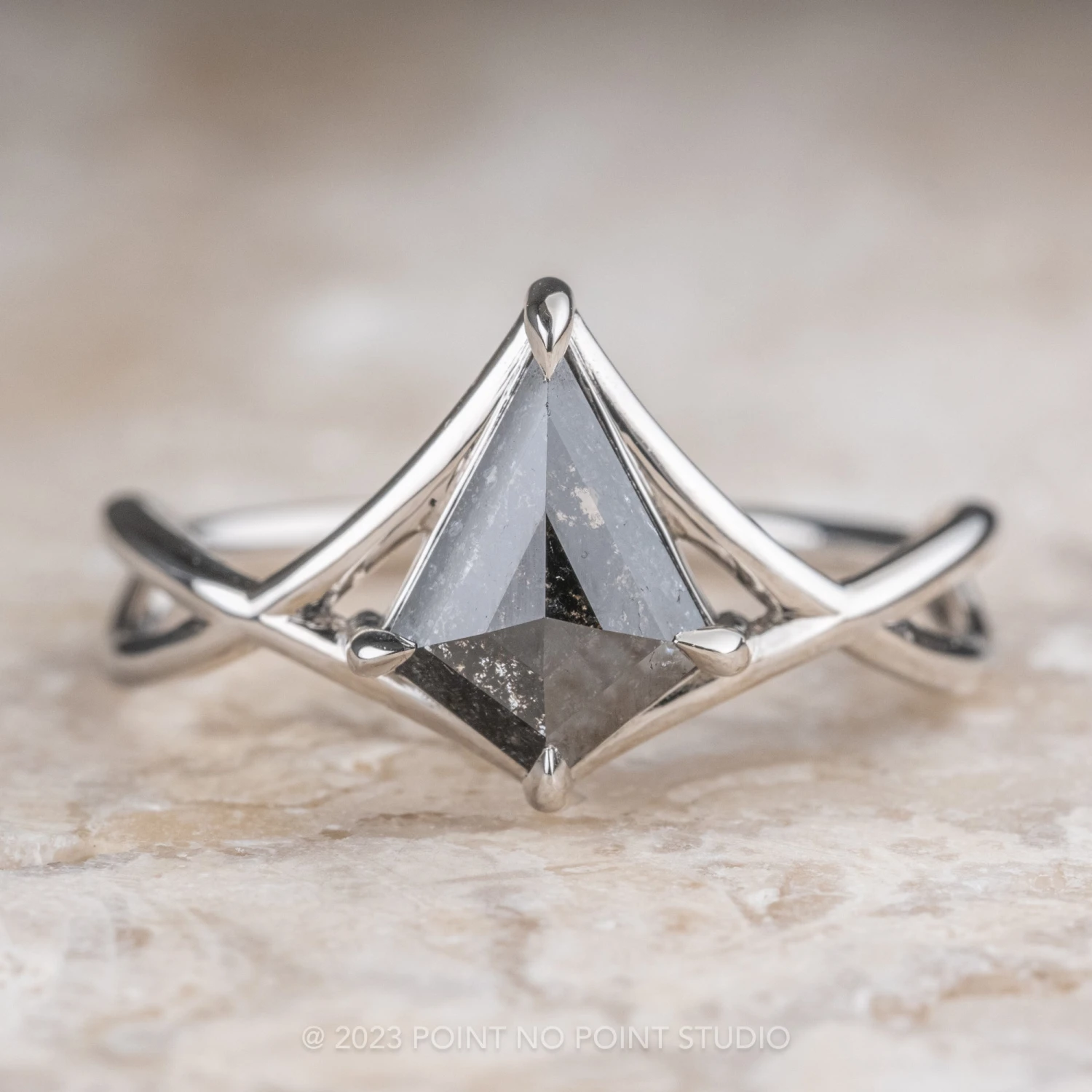 1.36 Carat Black Speckled Diamond Engagement Ring, Woven Split Shank Jane Setting, Platinum 1 1.36 Carat Black Speckled Diamond Engagement Ring, Woven Split Shank Jane Setting, Platinum