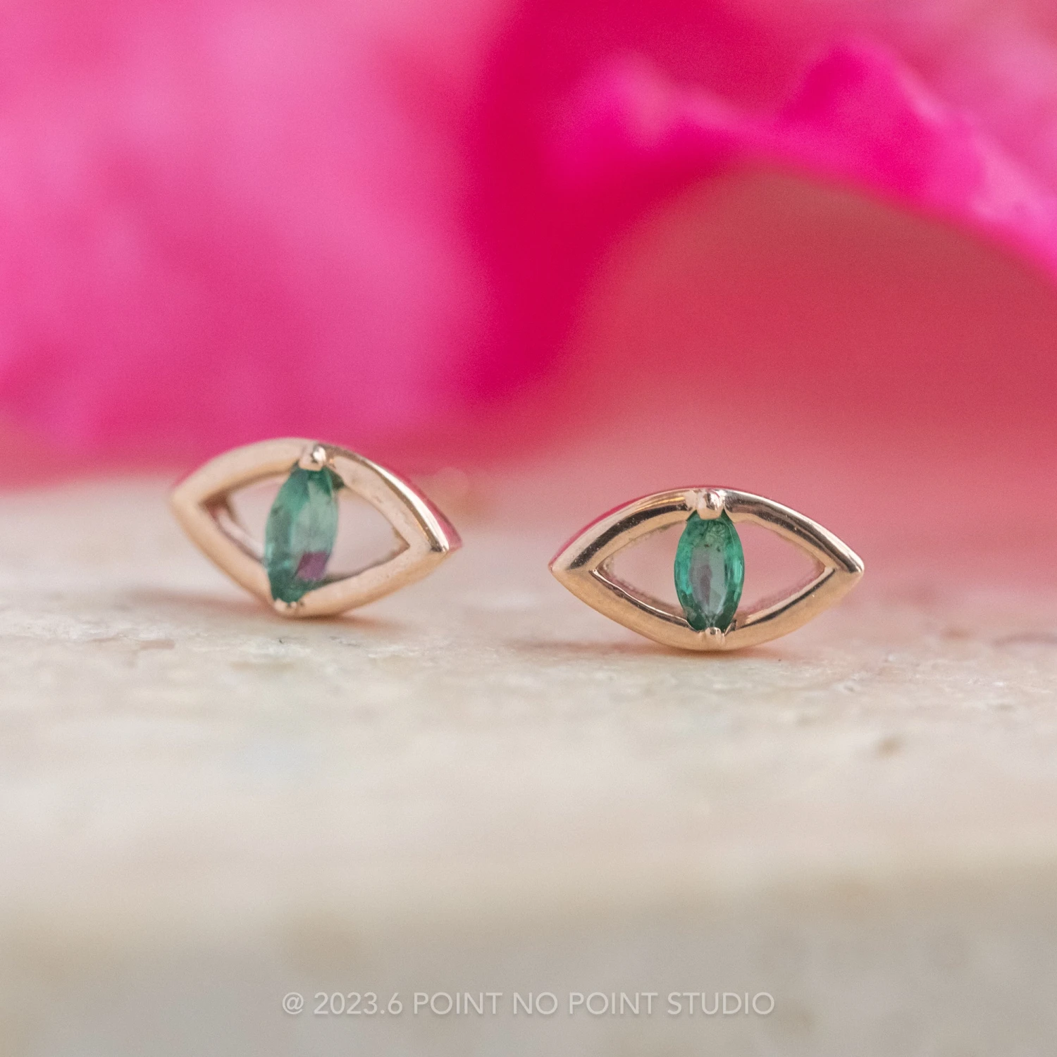 Emerald Eye Studs, 14k Rose Gold 3 Emerald Eye Studs, 14k Rose Gold - Image 3