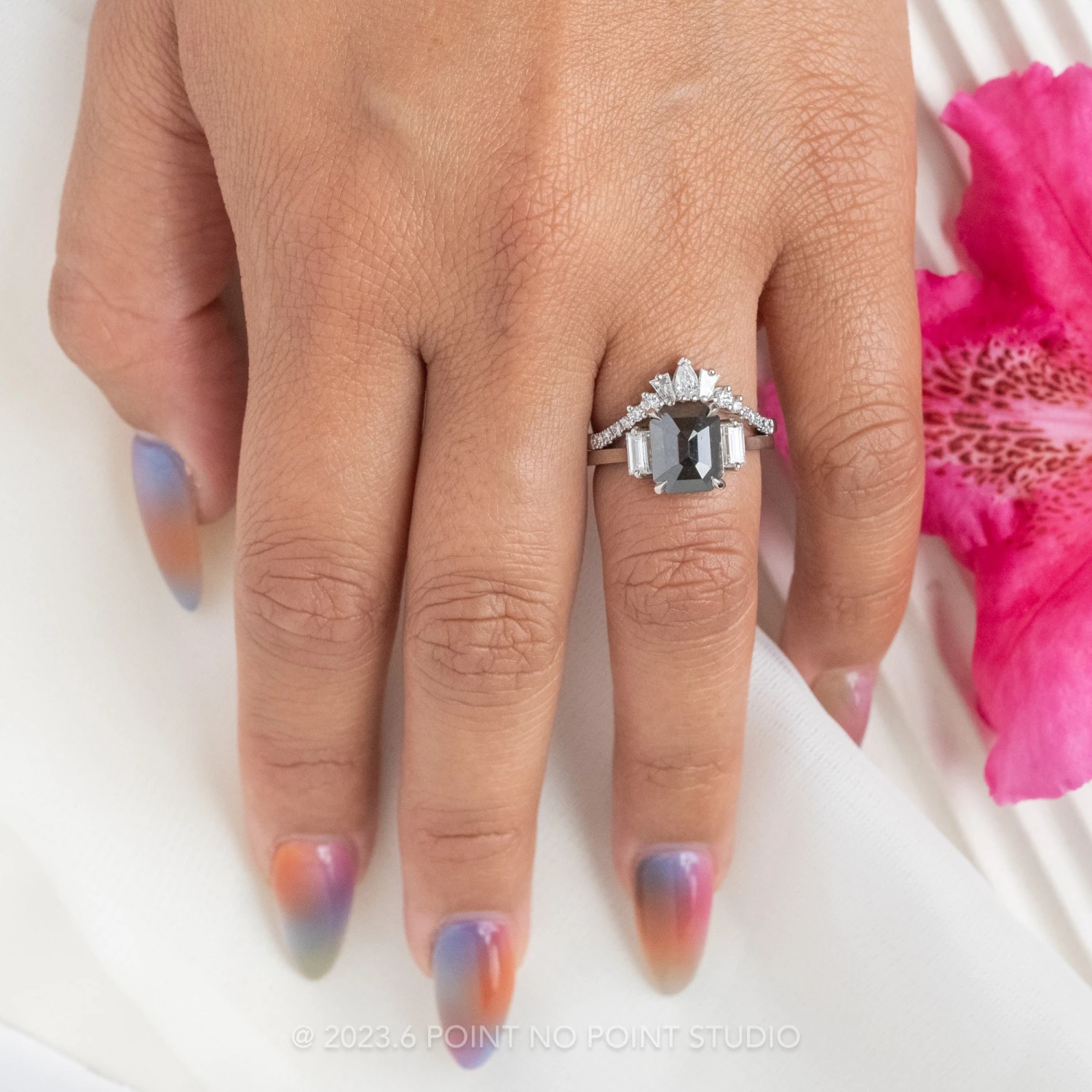 1.87 Carat Black Asscher Diamond Engagement Ring, Lea Setting, 14K White Gold 2 1.87 Carat Black Asscher Diamond Engagement Ring, Lea Setting, 14K White Gold - Image 2