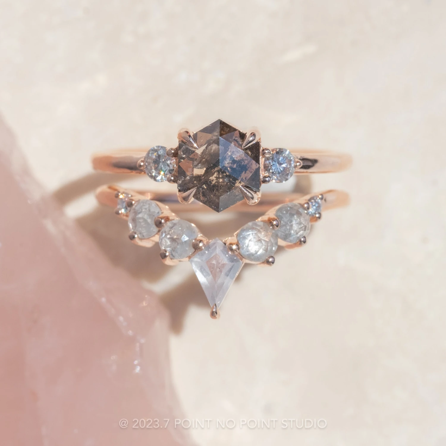 1.33 Carat Salt And Pepper Hexagon Diamond Engagement Ring, Zoe Setting, 14K Rose Gold 3 1.33 Carat Salt And Pepper Hexagon Diamond Engagement Ring, Zoe Setting, 14K Rose Gold - Image 3