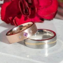 Pink Sapphire And Diamond Men's Wedding Ring, Comfort Fit, 14K Rose Gold -Point No Point Studio Store 20231027 SFS0095