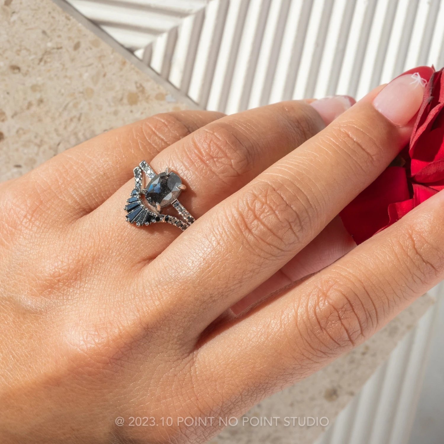 1.44 Carat Black Speckled Oval Diamond Engagement Ring, Ombre Jules Setting, Platinum 2 1.44 Carat Black Speckled Oval Diamond Engagement Ring, Ombre Jules Setting, Platinum - Image 2