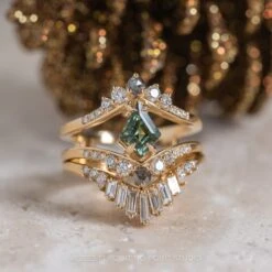 1.56 Carat Green Kite Sapphire And Diamond Engagement Ring, Empress Setting, 14K Yellow Gold -Point No Point Studio Store 20231102 SFS0026