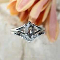 1.42 Carat Black Speckled Hexagon Diamond Engagement Ring, Charlize Setting, 14k White Gold -Point No Point Studio Store 20231110 SFS0071