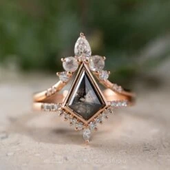 2.20 Carat Black Speckled Kite Diamond Engagement Ring, Bezel Avaline Setting, 14K Rose Gold 8 2.20 Carat Black Speckled Kite Diamond Engagement Ring, Bezel Avaline Setting, 14K Rose Gold -Point No Point Studio Store 20231110 SFS0096