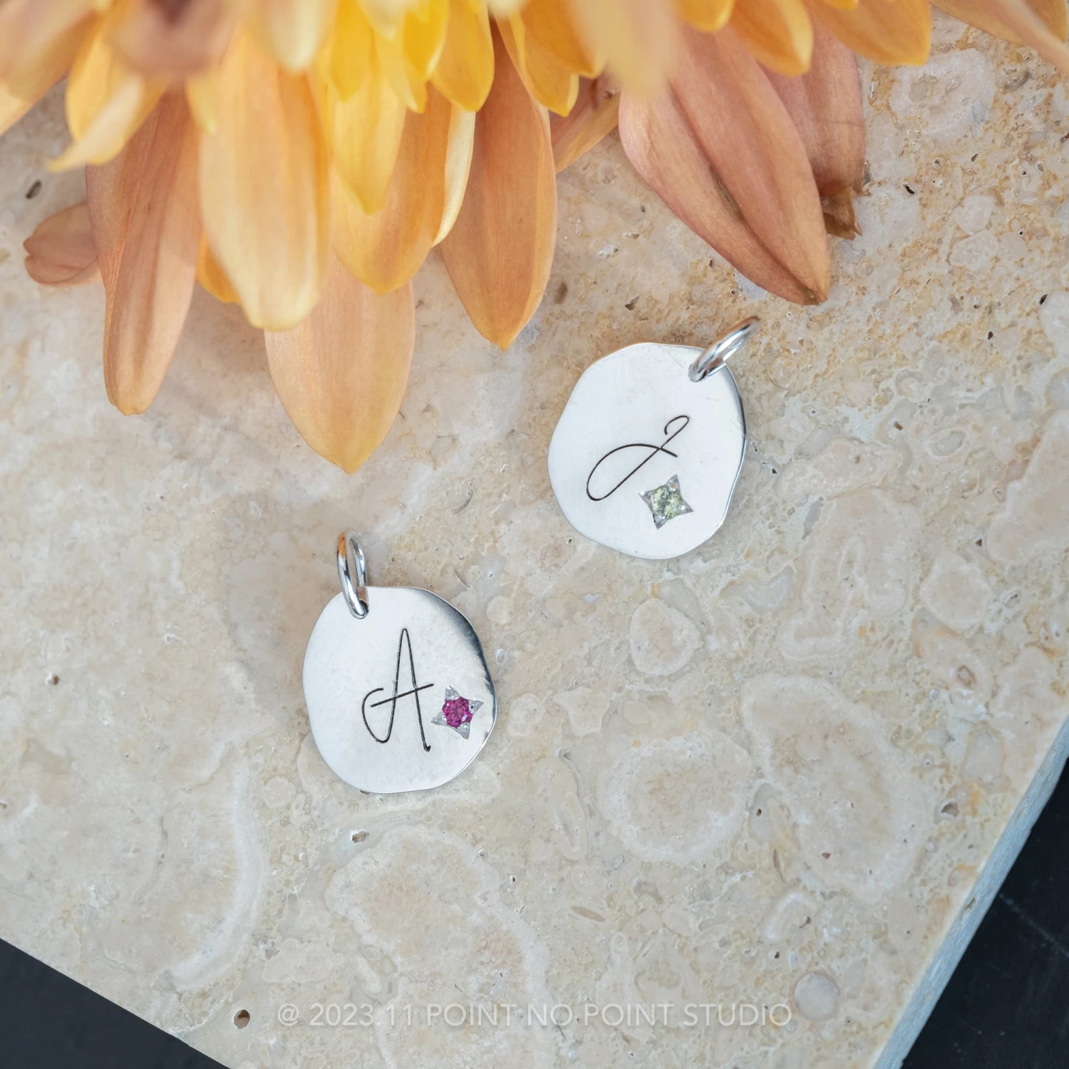 14k Gold Engraved Viero Single Initial & Birthstone Small Organic Unique Charm 5 14k Gold Engraved Viero Single Initial & Birthstone Small Organic Unique Charm - Image 5