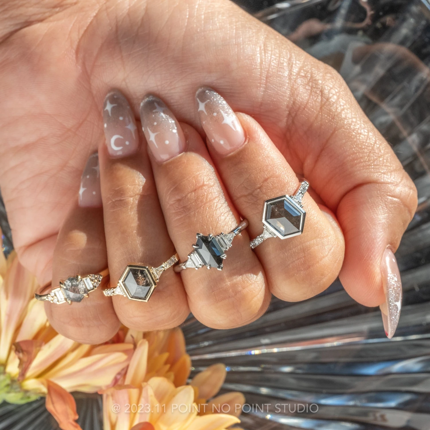 1.60 Carat Black Speckled Hexagon Diamond Engagement Ring, Bezel Eliza Setting, 14k White Gold 4 1.60 Carat Black Speckled Hexagon Diamond Engagement Ring, Bezel Eliza Setting, 14k White Gold - Image 4