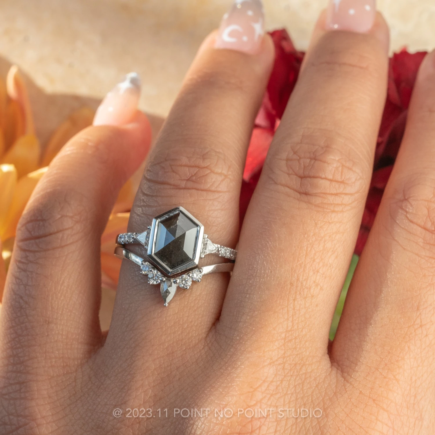 1.60 Carat Black Speckled Hexagon Diamond Engagement Ring, Bezel Eliza Setting, 14k White Gold 2 1.60 Carat Black Speckled Hexagon Diamond Engagement Ring, Bezel Eliza Setting, 14k White Gold - Image 2