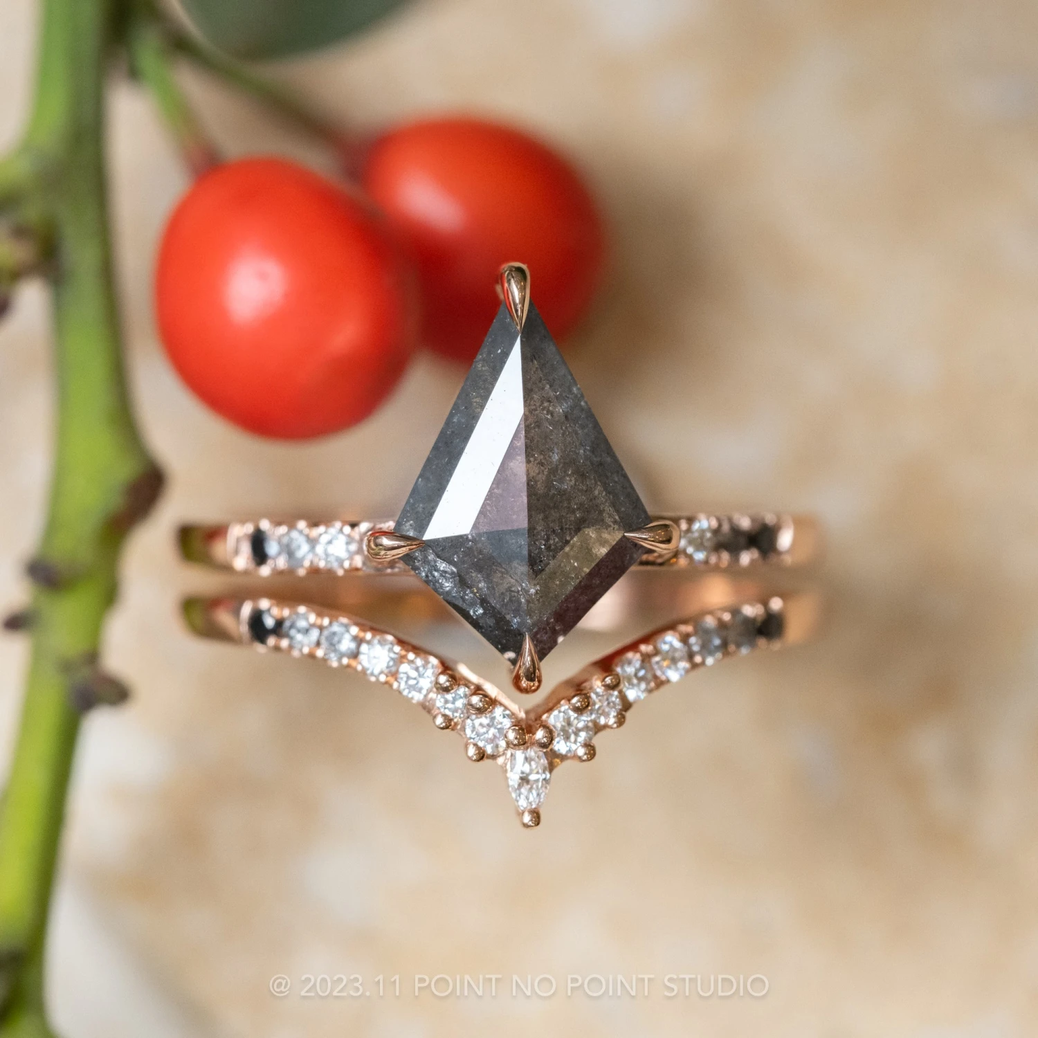 1.91 Carat Black Speckled Kite Diamond Engagement Ring, Ombre Jules Setting, 14K Rose Gold 3 1.91 Carat Black Speckled Kite Diamond Engagement Ring, Ombre Jules Setting, 14K Rose Gold - Image 3