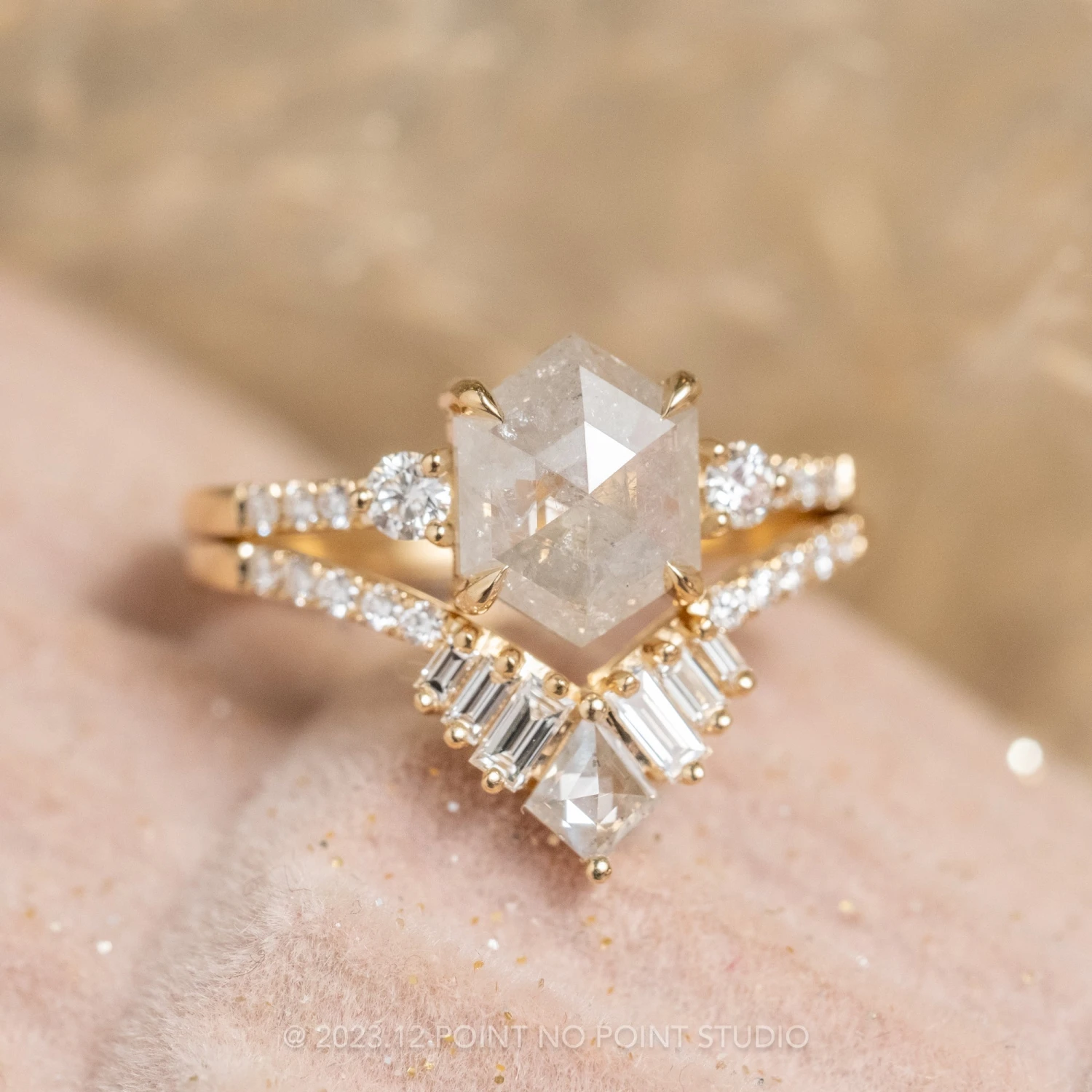 1.46 Carat Icy Salt And Pepper Hexagon Diamond Engagement Ring, Eliza Setting, 14K Yellow Gold 3 1.46 Carat Icy Salt And Pepper Hexagon Diamond Engagement Ring, Eliza Setting, 14K Yellow Gold - Image 3