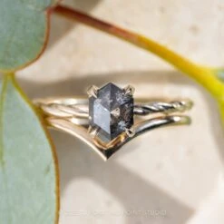 .93 Carat Salt And Pepper Hexagon Diamond Engagement Ring, Tulip Basket Setting, 14k Yellow Gold -Point No Point Studio Store 20231208 SFS0058
