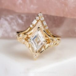 1.57 Carat Lozenge Moissanite And Diamond Engagement Ring, Thistle Setting, 14k Yellow Gold -Point No Point Studio Store 20240105 SFS0067 7991ca7f 5a81 409e 944c 088ef047463b