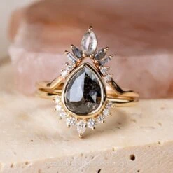 2.99 Carat Black Speckled Pear Diamond Engagement Ring, Bezel Ava Setting, 14K Yellow Gold -Point No Point Studio Store 20240105 SFS0068