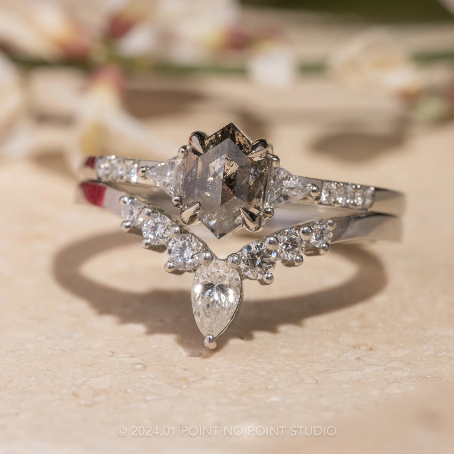 1.14 Carat Salt And Pepper Hexagon Diamond Engagement Ring, Eliza Setting, 14k White Gold 3 1.14 Carat Salt And Pepper Hexagon Diamond Engagement Ring, Eliza Setting, 14k White Gold - Image 3