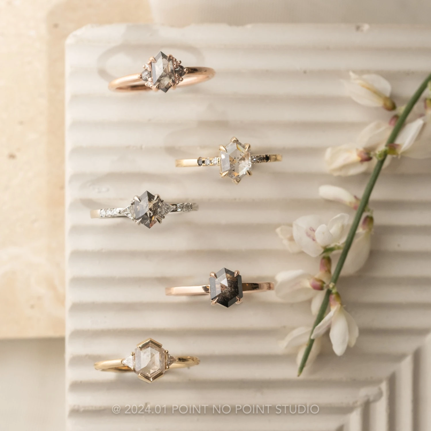 1.14 Carat Salt And Pepper Hexagon Diamond Engagement Ring, Eliza Setting, 14k White Gold 4 1.14 Carat Salt And Pepper Hexagon Diamond Engagement Ring, Eliza Setting, 14k White Gold - Image 4