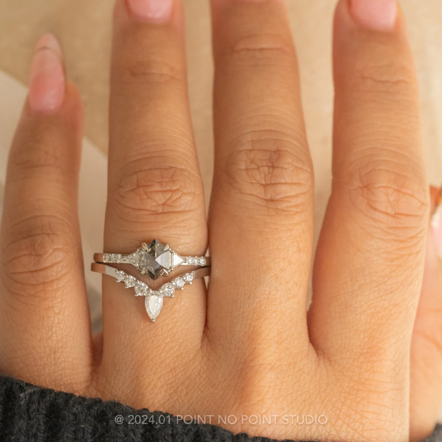 1.14 Carat Salt And Pepper Hexagon Diamond Engagement Ring, Eliza Setting, 14k White Gold 2 1.14 Carat Salt And Pepper Hexagon Diamond Engagement Ring, Eliza Setting, 14k White Gold - Image 2