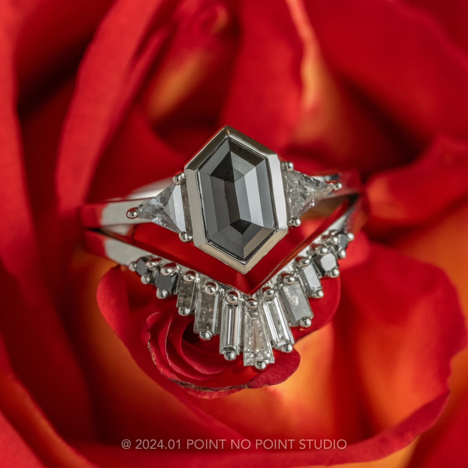 2 Carat Black Hexagon Diamond Engagement Ring, Bezel Zoe Setting, 14k White Gold 3 2 Carat Black Hexagon Diamond Engagement Ring, Bezel Zoe Setting, 14k White Gold - Image 3