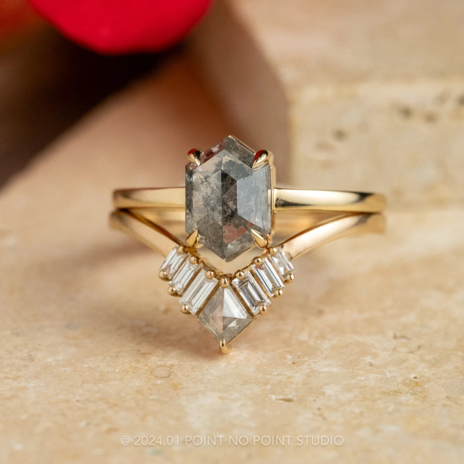 1.84 Carat Salt And Pepper Hexagon Diamond Engagement Ring, Jane Setting, 14K Yellow Gold 3 1.84 Carat Salt And Pepper Hexagon Diamond Engagement Ring, Jane Setting, 14K Yellow Gold - Image 3