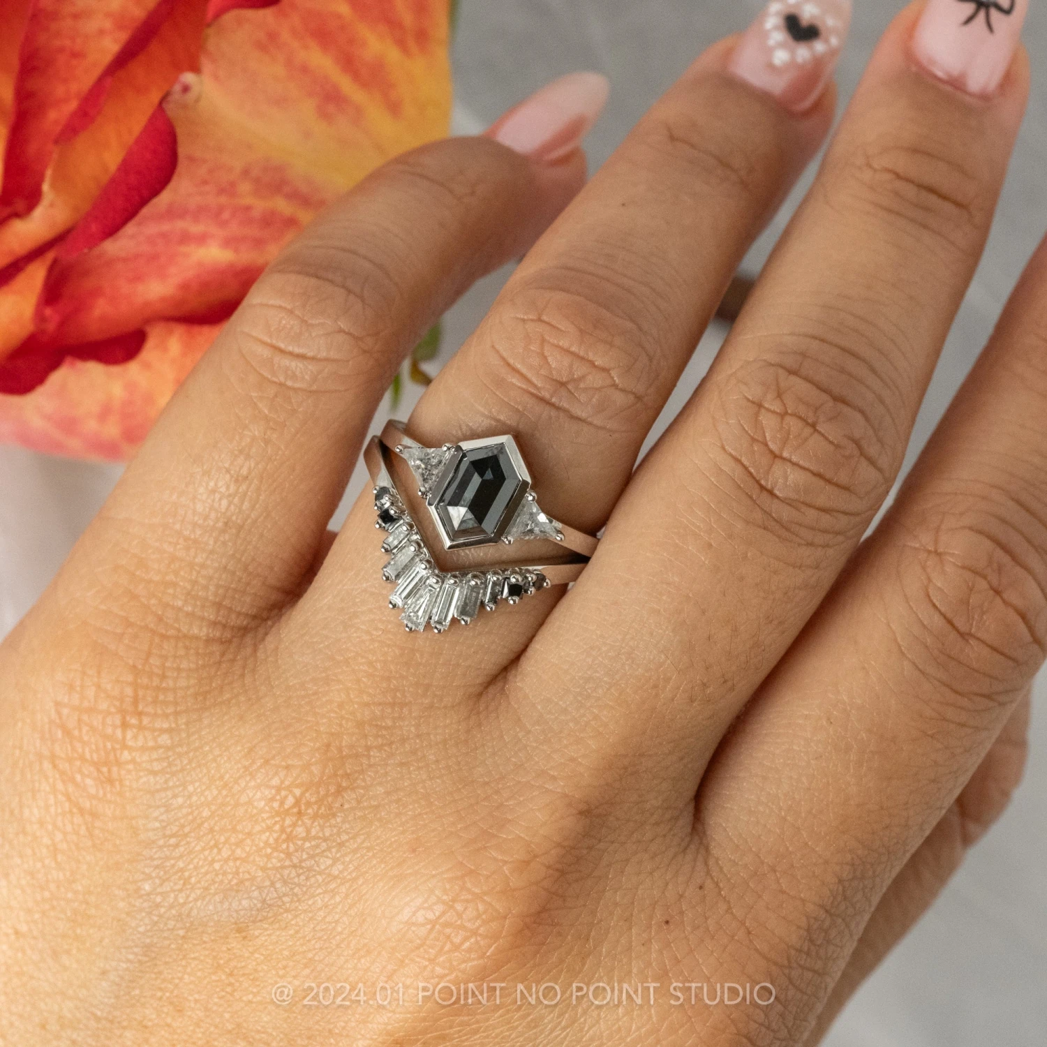 2 Carat Black Hexagon Diamond Engagement Ring, Bezel Zoe Setting, 14k White Gold 2 2 Carat Black Hexagon Diamond Engagement Ring, Bezel Zoe Setting, 14k White Gold - Image 2