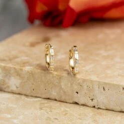 Baguette Diamond Huggie Hoops, 14k Yellow Gold Earrings -Point No Point Studio Store 20240119 SFS0082