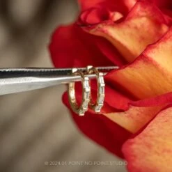Baguette Diamond Huggie Hoops, 14k Yellow Gold Earrings -Point No Point Studio Store 20240119 SFS0098